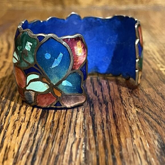 Vintage Signed David Kuo Champleve Enamel Cuff Bracelet Cloisonné Butterfly - Picture 6 of 16